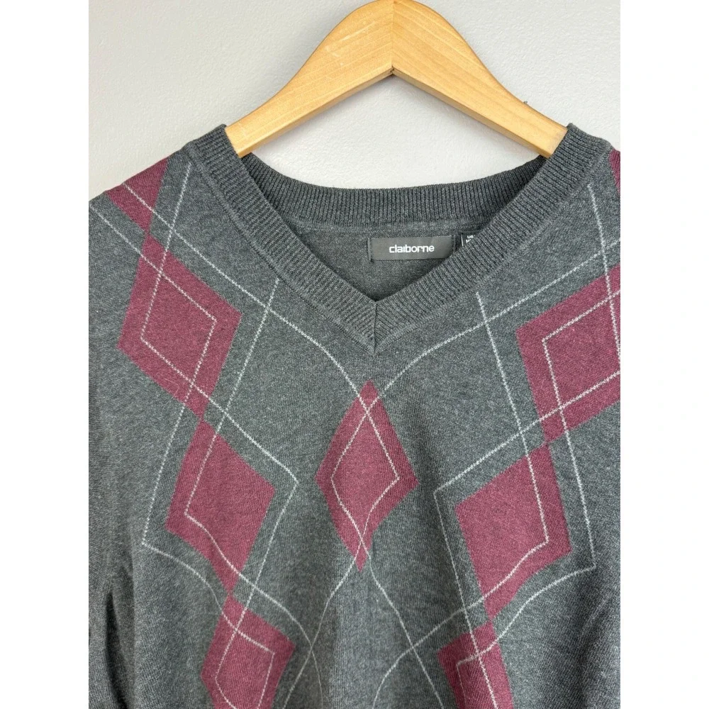 Claiborne Argyle Sweater Vest Men's XLT Gray Burgundy V-Neck Grandpa Core
